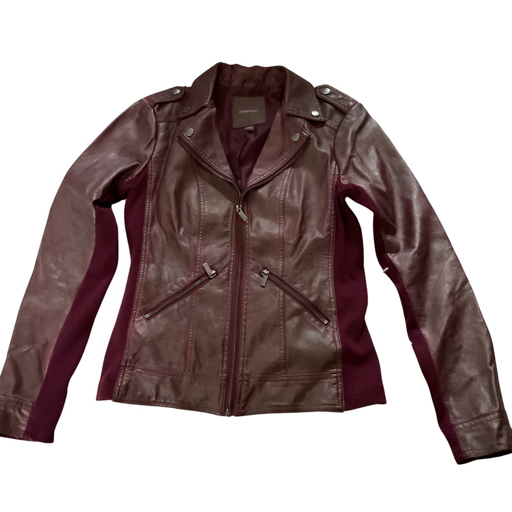 Maurices Burgundy Faux Leather Moto Jacket Mixed Media Ribbed Knit XS